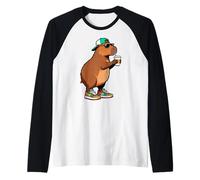 Funny Capybara, Capybara Drinking Coffee Camiseta Manga Raglan