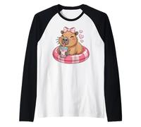 Funny Capybara on Pool Float Drinking Boba Bubble Tea Camiseta Manga Raglan