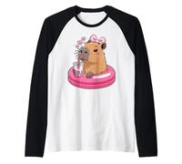 Funny Capybara on Pool Float Drinking Boba Bubble Tea Camiseta Manga Raglan