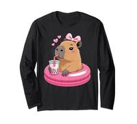 Funny Capybara on Pool Float Drinking Boba Bubble Tea Manga Larga