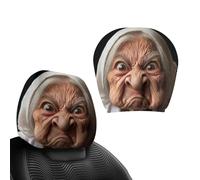 Funny Car Headrest Covers, Granny Face Print Set, Elastic Universal Fit Kit System, Uniquez Interior Design Style, Vehicle Seat Use, Car SUV Sedan Truck Road Trip Daily Commute Kit