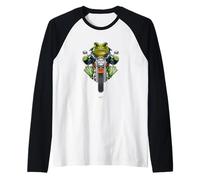 Funny Cartoon Green Frog Riding a Bike Illustration Graphic Camiseta Manga Raglan