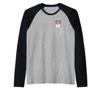 Funny Cartoon Pocket Blue Merle Australian Shepherd Lover Camiseta Manga Raglan