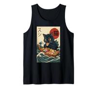 Funny Cat Eating Sushi On Boat Great Wave Japanese Camiseta sin Mangas