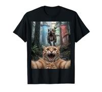 Funny Cat Selfie Alien Riding T Rex UFO Encuentro Camiseta