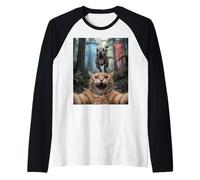 Funny Cat Selfie Alien Riding T Rex UFO Encuentro Camiseta Manga Raglan