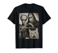 Funny Cat Selfie con Bigfoot romántico enamorado de Alien Camiseta