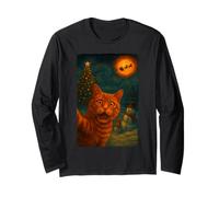 Funny Cat Selfie Santa Snowman Noche Estrellada Cozy Christmas Manga Larga