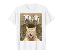Funny Cat Selfie with Sheep Cute Farm Animal Kids & Adults Camiseta gráfica económica, Hombre, Blanco, S