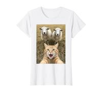 Funny Cat Selfie with Sheep Cute Farm Animal Kids & Adults Camiseta gráfica económica, Mujer, Blanco, XS