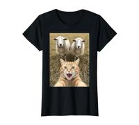 Funny Cat Selfie with Sheep Cute Farm Animal Kids & Adults Camiseta gráfica económica, Mujer, Negro, L