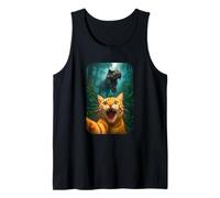 Funny Cat Selfie with T-Rex Dinosaur Orange Cat Meme Camiseta sin Mangas