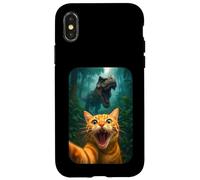 Funny Cat Selfie with T-Rex Dinosaur Orange Cat Meme Carcasa para iPhone X/XS