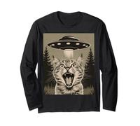 Funny Cat Selfie with UFOs - Alien Adventure tee Manga Larga