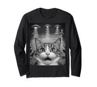 Funny Cat Selfie with UFOs - Alien Adventure tee Manga Larga