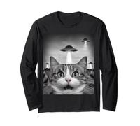 Funny Cat Selfie with UFOs - Alien Adventure tee Manga Larga