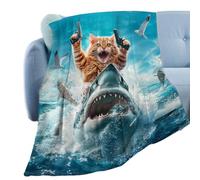 Funny Cat Shark Blanket - Manta de felpa ultra suave con diseño de gato para rizar tiburones | Manta de felpa ultra suave | Home Decor for Sofa Couch Chair, Large Bed Blankets for Travel Pi