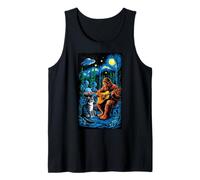 Funny Cat UFO Alien Bigfoot Sasquatch Camping Playing Guitar Camiseta sin Mangas