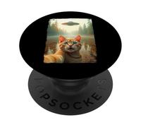 Funny Cat UFO Encounter Hilarious Cat Selfie Aliens PopSockets PopGrip Adhesivo
