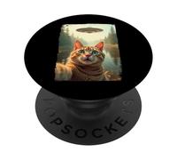 Funny Cat UFO Encounter Hilarious Cat Selfie Aliens PopSockets PopGrip Adhesivo