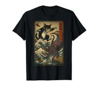 Funny Cat vs Octopus Kraken Edo Bay Manga Kanji Art Camiseta gráfica económica