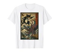 Funny Cat vs Octopus Kraken Edo Bay Manga Kanji Art Camiseta gráfica económica, Hombre, Blanco, L