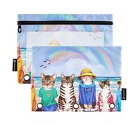 Funny Cats Animals Beach - Carpeta de 3 anillos con cremallera, estuche transparente para niñas, estuche escolar transparente de 9.8 x 7.1 pulgadas, 2 paquetes