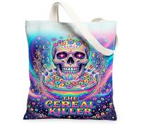 Funny Cereal Killer Skull Graphic Surrealista Bolsa de lona de 33 x 38 cm | Arte gráfico surrealista, paleta cósmica vibrante, cita humorística, versátil para llevar todos los días, accesorio llamativo