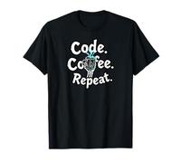 Funny Code Coffee Repeat Programmer Skeleton Hand Design Camiseta