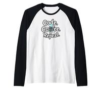Funny Code Coffee Repeat Programmer Skeleton Hand Design Camiseta Manga Raglan