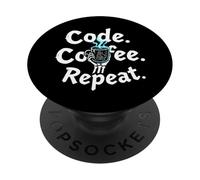 Funny Code Coffee Repeat Programmer Skeleton Hand Design PopSockets PopGrip Adhesivo