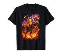 Funny Coffee Orange Cat Riding T-Rex in Cosmic Galaxy UFO Camiseta