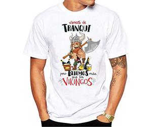 FUNNY CUP Camiseta Vamos de Tranqui Pero bebemos mas Que los Vikingos. Fiestas, Grupos Despedida Soltero, cumpleaños. (M)
