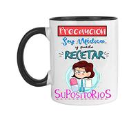 FUNNY CUP Taza Precaución Soy Médica y Puedo recetar supositorios. Taza Graciosa para medicas de Regalo (Negro)