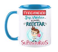FUNNY CUP Taza Precaución Soy MédicO y Puedo recetar supositorios. Taza Graciosa para medicos de Regalo (Medico Azul)