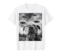 Funny Dog Pitbull Selfie con ovnis Alien Novedad Camiseta gráfica económica, Hombre, Blanco, L
