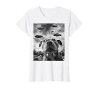 Funny Dog Pitbull Selfie con ovnis Alien Novedad Camiseta gráfica económica, Mujer, Blanco, L
