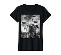 Funny Dog Pitbull Selfie con ovnis Alien Novedad Camiseta gráfica económica, Mujer, Negro, M