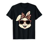 Funny Easter Bunny Face Leopard Bow & Glasses Girls Women Camiseta