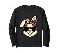 Funny Easter Bunny Face Leopard Bow & Glasses Girls Women Manga Larga