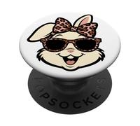 Funny Easter Bunny Face Leopard Bow & Glasses Girls Women PopSockets PopGrip Adhesivo