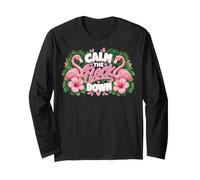 Funny Flamingo Calm The Flock Down Beach Tropical Summer Pun Manga Larga