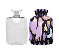 Funny Fox - Botella de agua caliente a cuadros morados con funda suave de 2 L, bolsa de agua caliente para cuello, hombros, calentador de cuello y hombros, compresas calientes para el vientre
