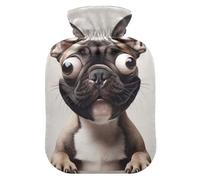 Funny French Bulldog - Botellas de agua caliente con ojos cruzados con funda de terciopelo, bolsa de agua caliente para aliviar el dolor de cuello y hombros, 1 litro