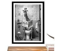 Funny Giraffe Bathroom Decor - Black and White, Wall Art, Frameless Funny Animal Canvas Art, Giraffe Reading Newspaper on Toilet | Humorous Bathroom Poster for Home, Restroom, Washroom, Hotel