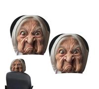 Funny Granny Headrest Covers - 2 Pcs Halloween Granny Face Print Car Decor, Universal Fit Elastic Pillow Cover | Quirky Automotive Interior Accessories for SUV, Sedan, Truck & Road Trips