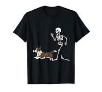 Funny Halloween Cardigan Welsh Corgi and Skeleton Camiseta