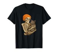 Funny Halloween Skeleton Hugging Black Cat Spooky Camiseta
