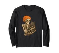 Funny Halloween Skeleton Hugging Black Cat Spooky Manga Larga