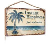 Funny House Decor Instant Happiness: A Tropical Escape With Palm Trees And Waves Wooded Sign Wall Hanging Decor Men Balcony Decor (23 x 35 cm)